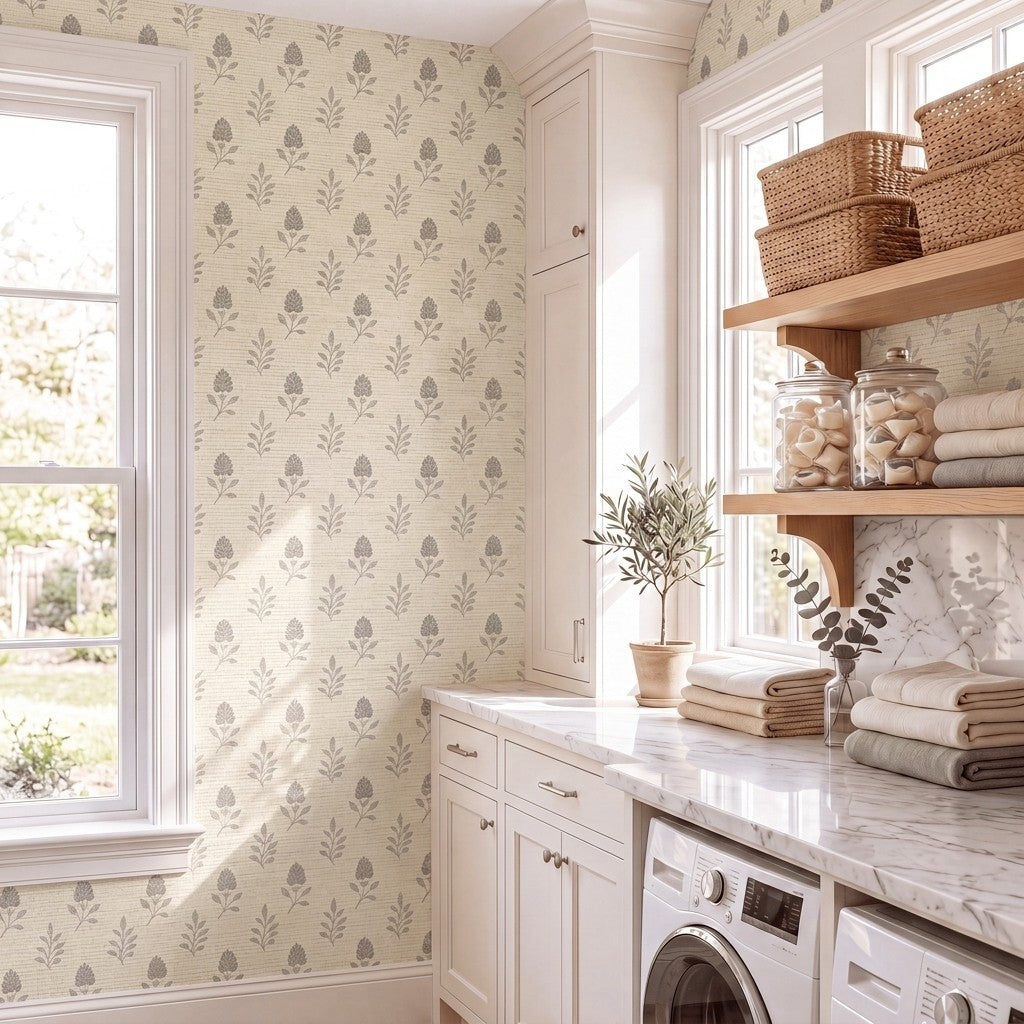 Hedgerow Bone Floral Faux Grasscloth Wallpaper