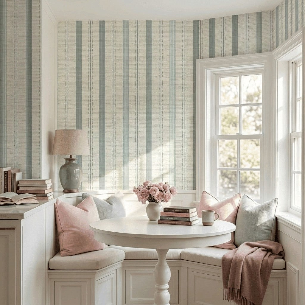 Orange County Cool Grey Stripes Faux Grasscloth Wallpaper