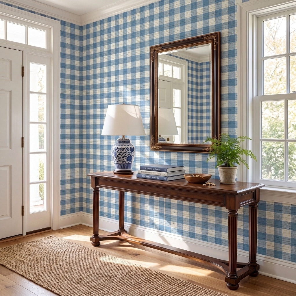 Blue Dresses Steel Blue Gingham Faux Grasscloth Wallpaper