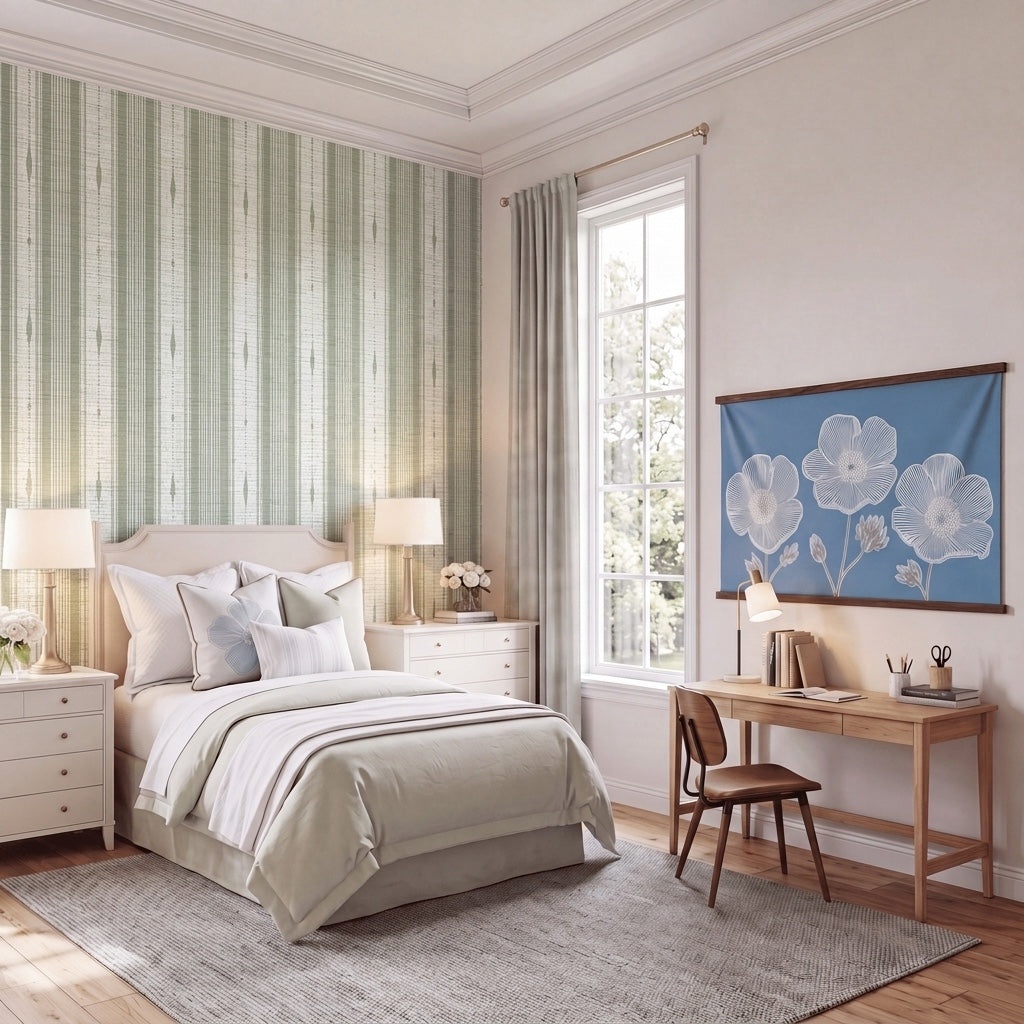 Blue Dresses Lemongrass Stripes Faux Grasscloth Wallpaper