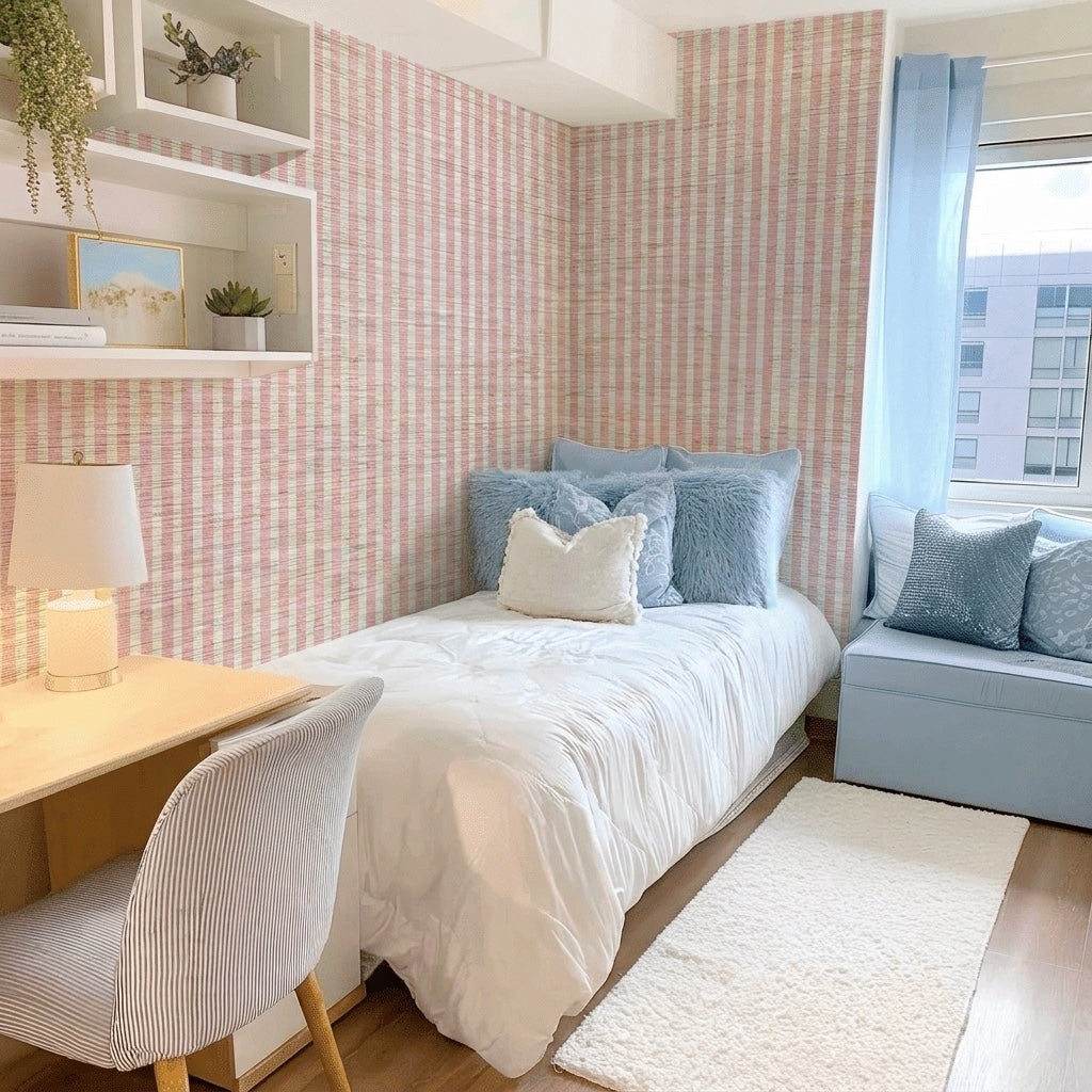 Blue & Pink Spencer Faux Grasscloth Wallpaper