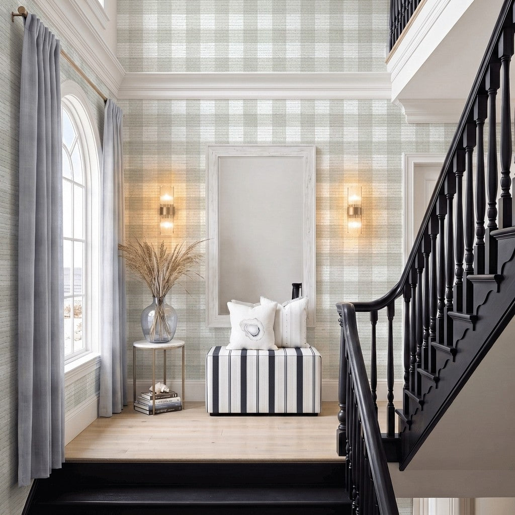 Pearl's Haven Fog Gingham Faux Grasscloth Wallpaper