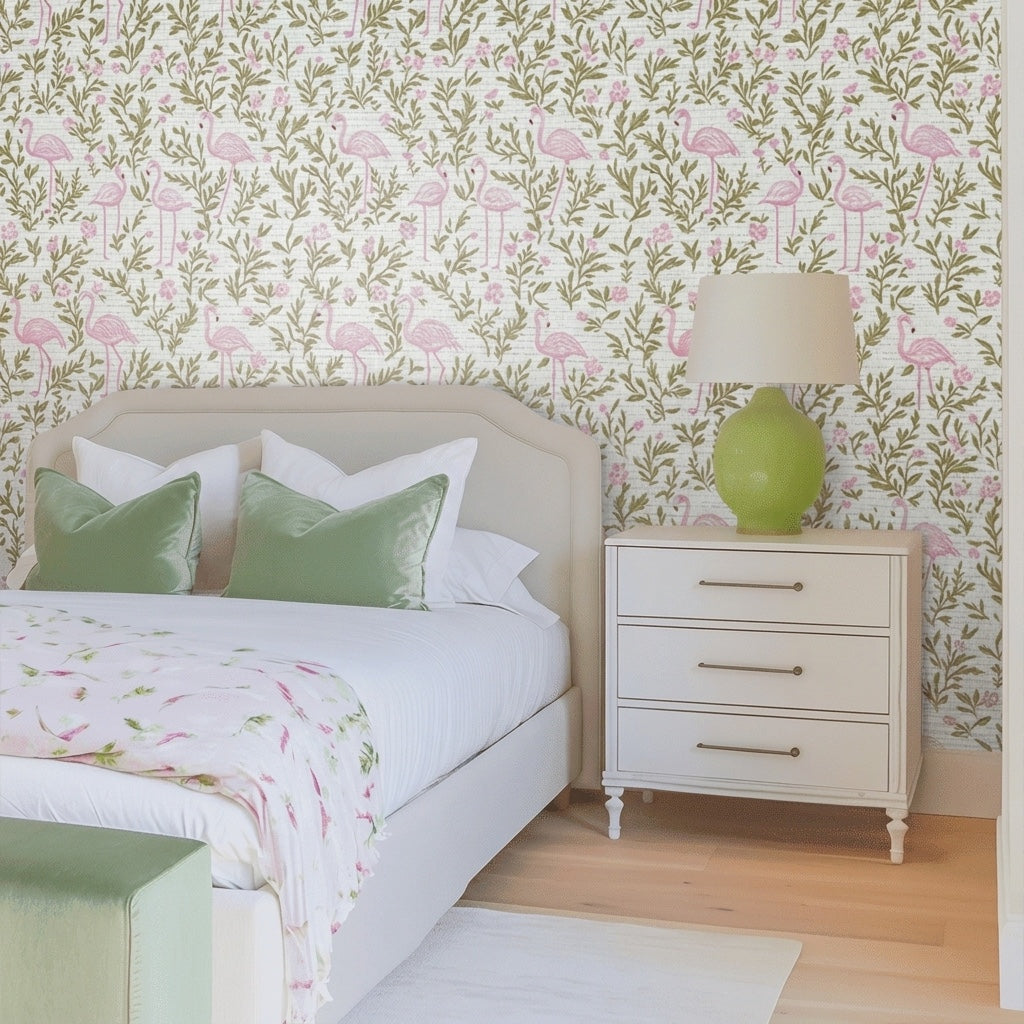 Flora Flamingo Faux Grasscloth Wallpaper