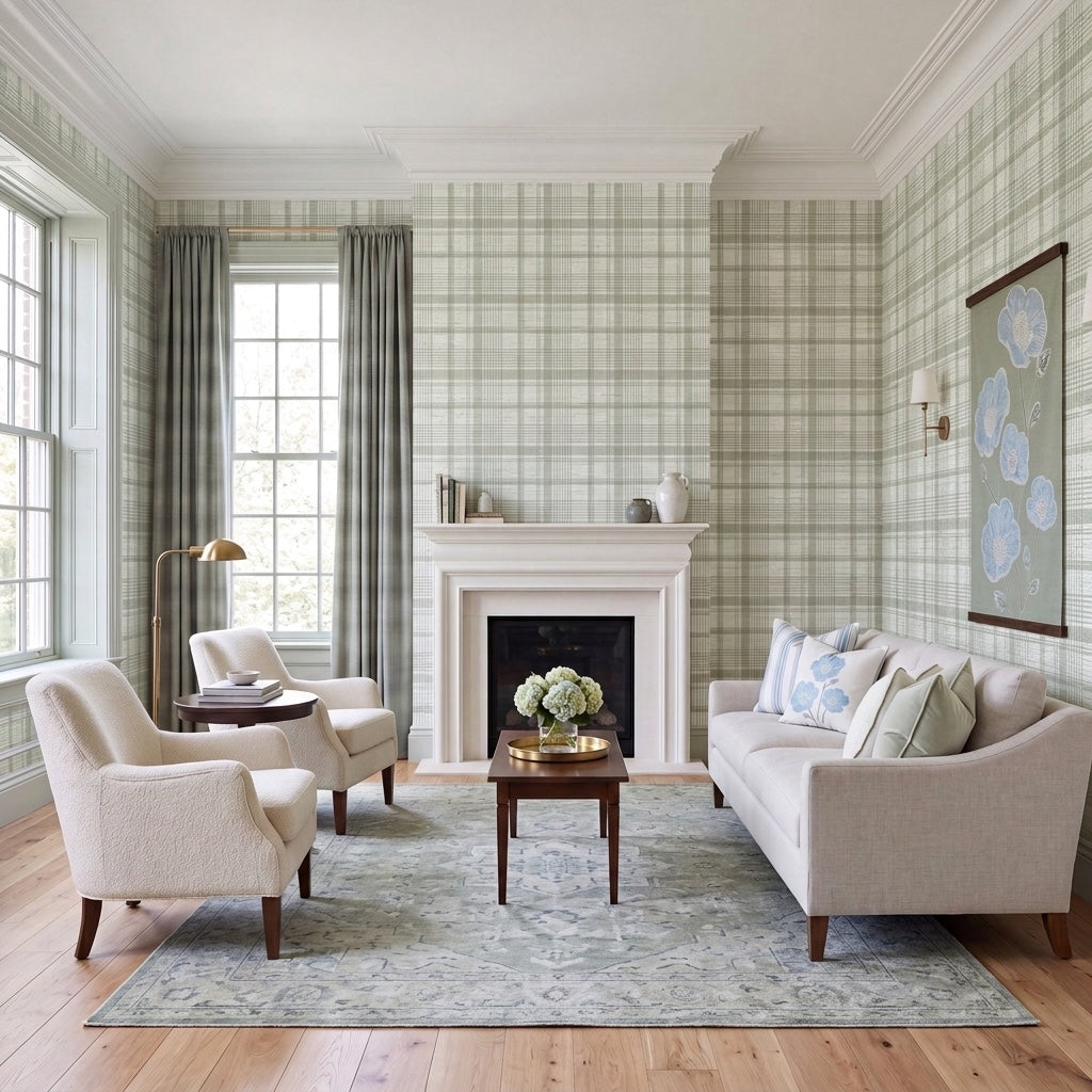 Blue Dresses Lemongrass Plaid Faux Grasscloth Wallpaper