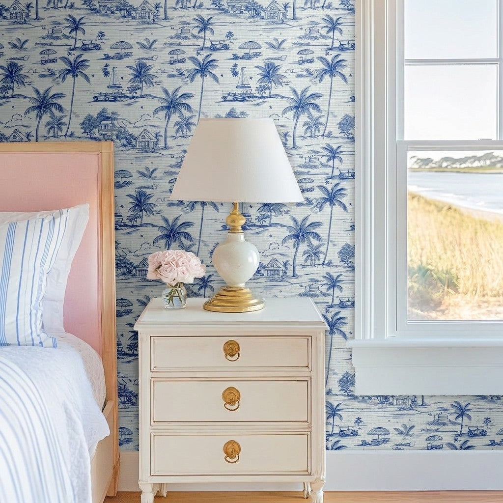Harbor Toile Faux Grasscloth Wallpaper