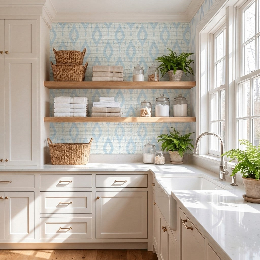 Key Lime Columbia Blue Ikat Faux Grasscloth Wallpaper