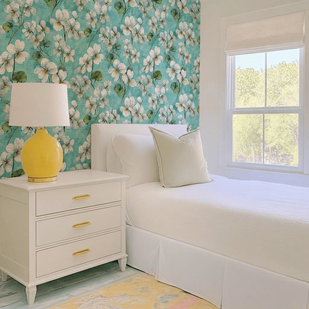 White Violets Blue Faux Grasscloth Wallpaper