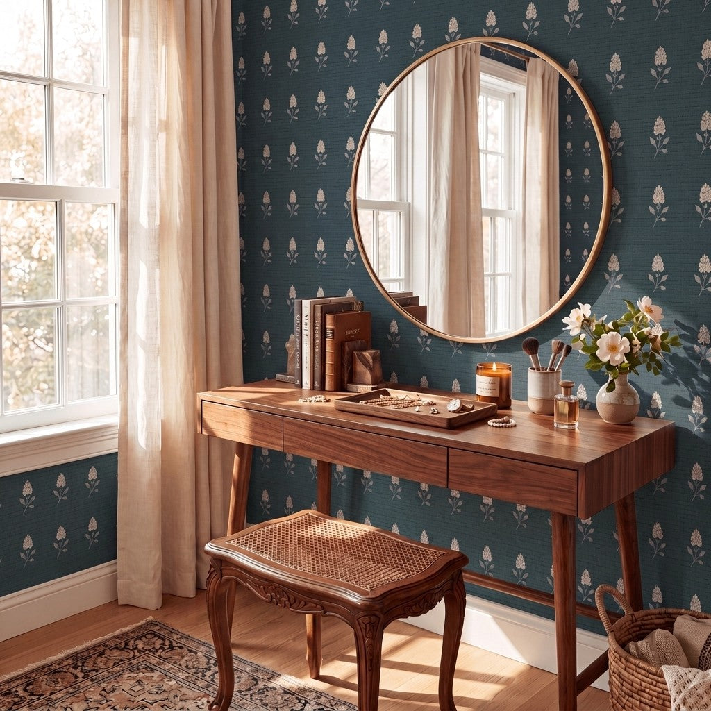 Hedgerow Teal Floral Faux Grasscloth Wallpaper