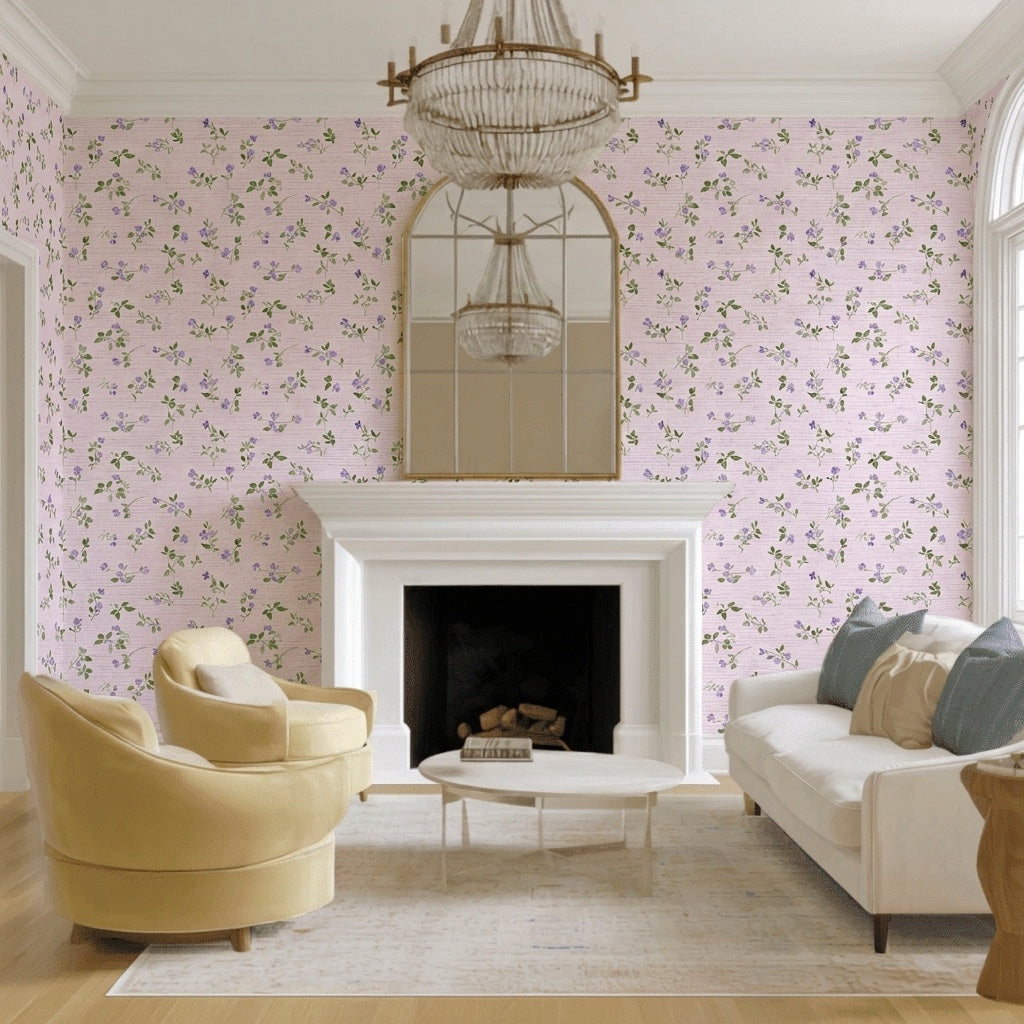 Blush Pansy Faux Grasscloth Wallpaper