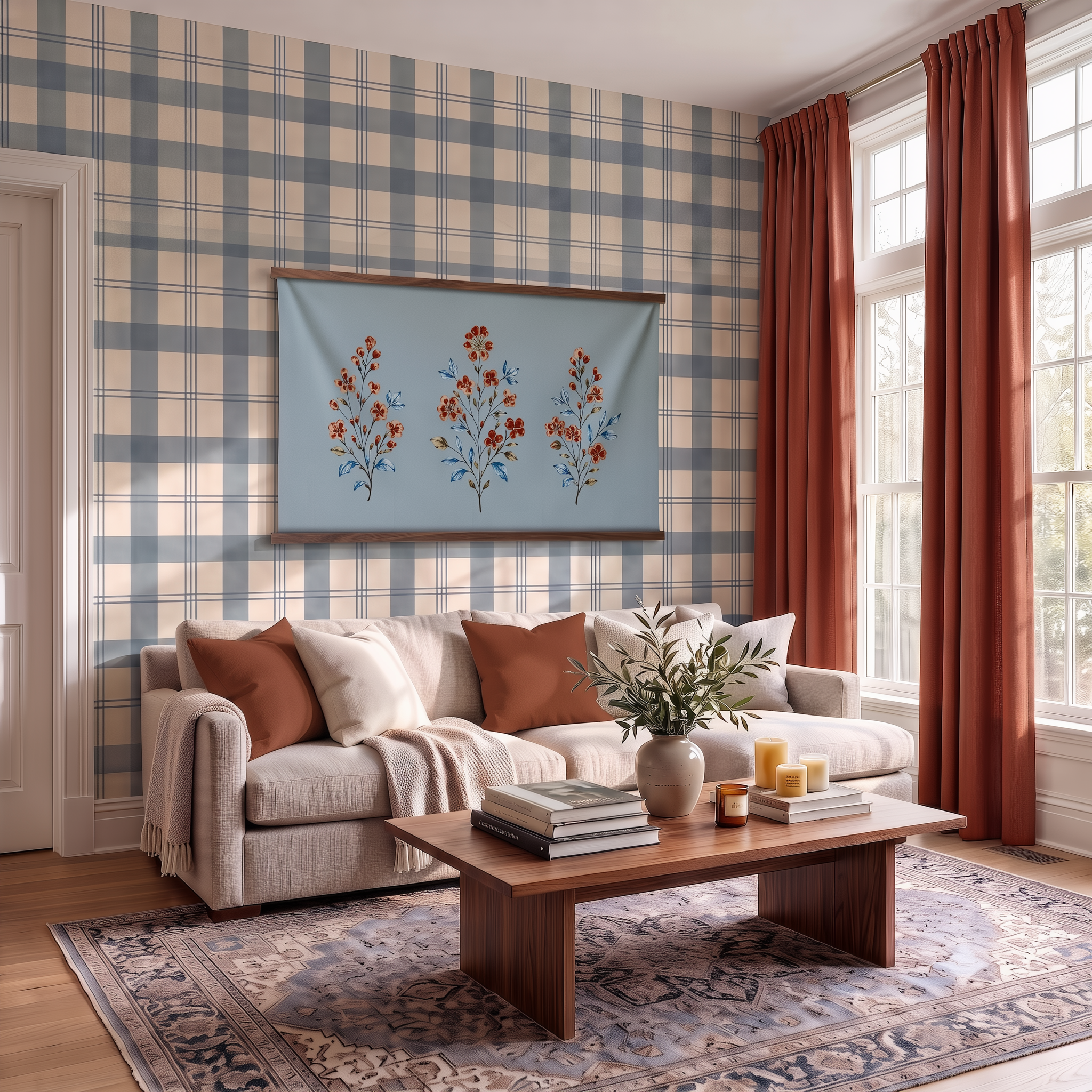 Chambray Tiles French Blue Bouquet Study - Tapestry