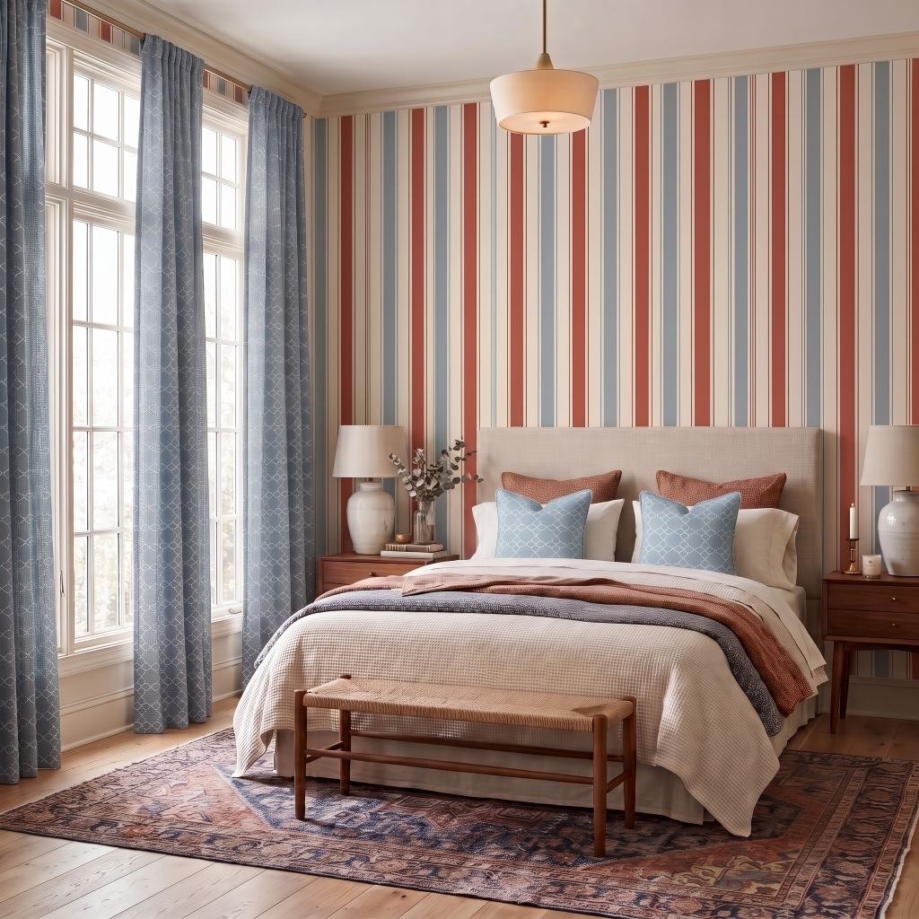 Chambray Tiles Stripes Wallpaper