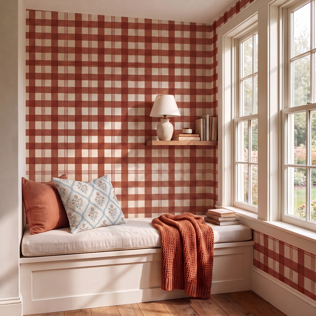 Chambray Tiles Terracotta Plaid Wallpaper