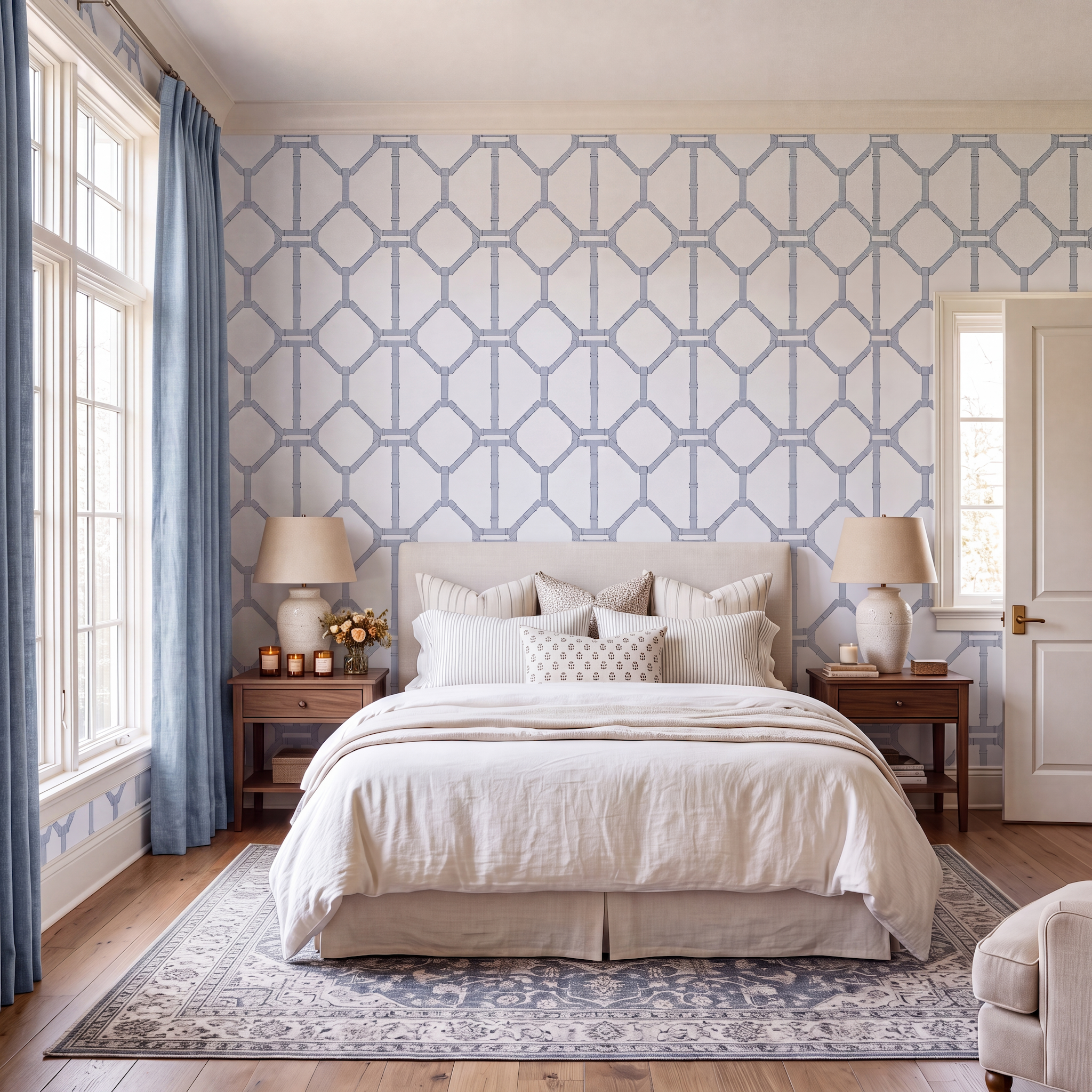 Palm Promenade Coastal Blue Bamboo Trellis Wallpaper