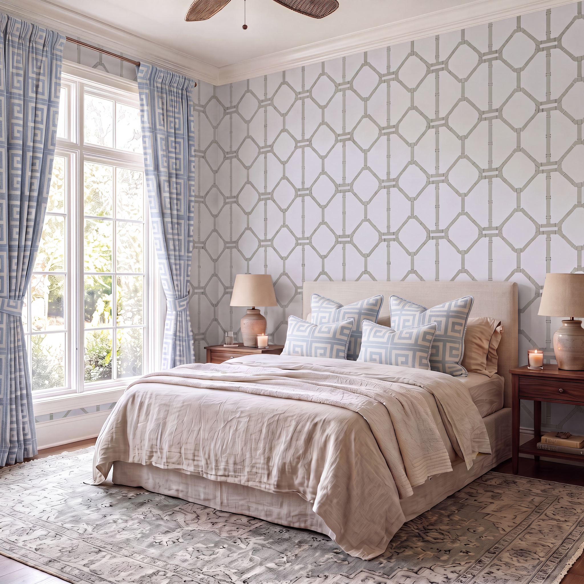 Palm Promenade Cool Mint Bamboo Trellis Wallpaper
