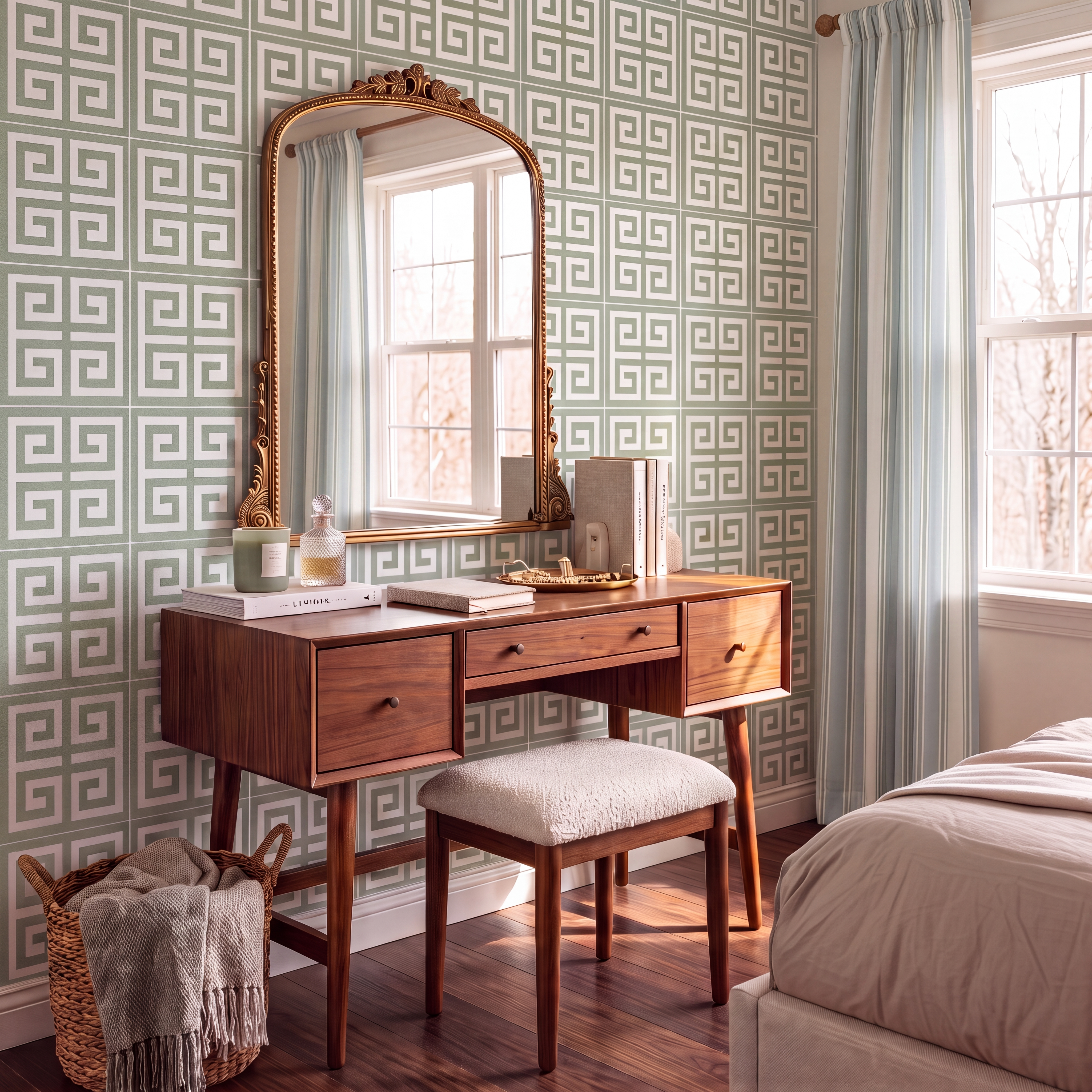 Palm Promenade Cool Mint Greek Key Wallpaper