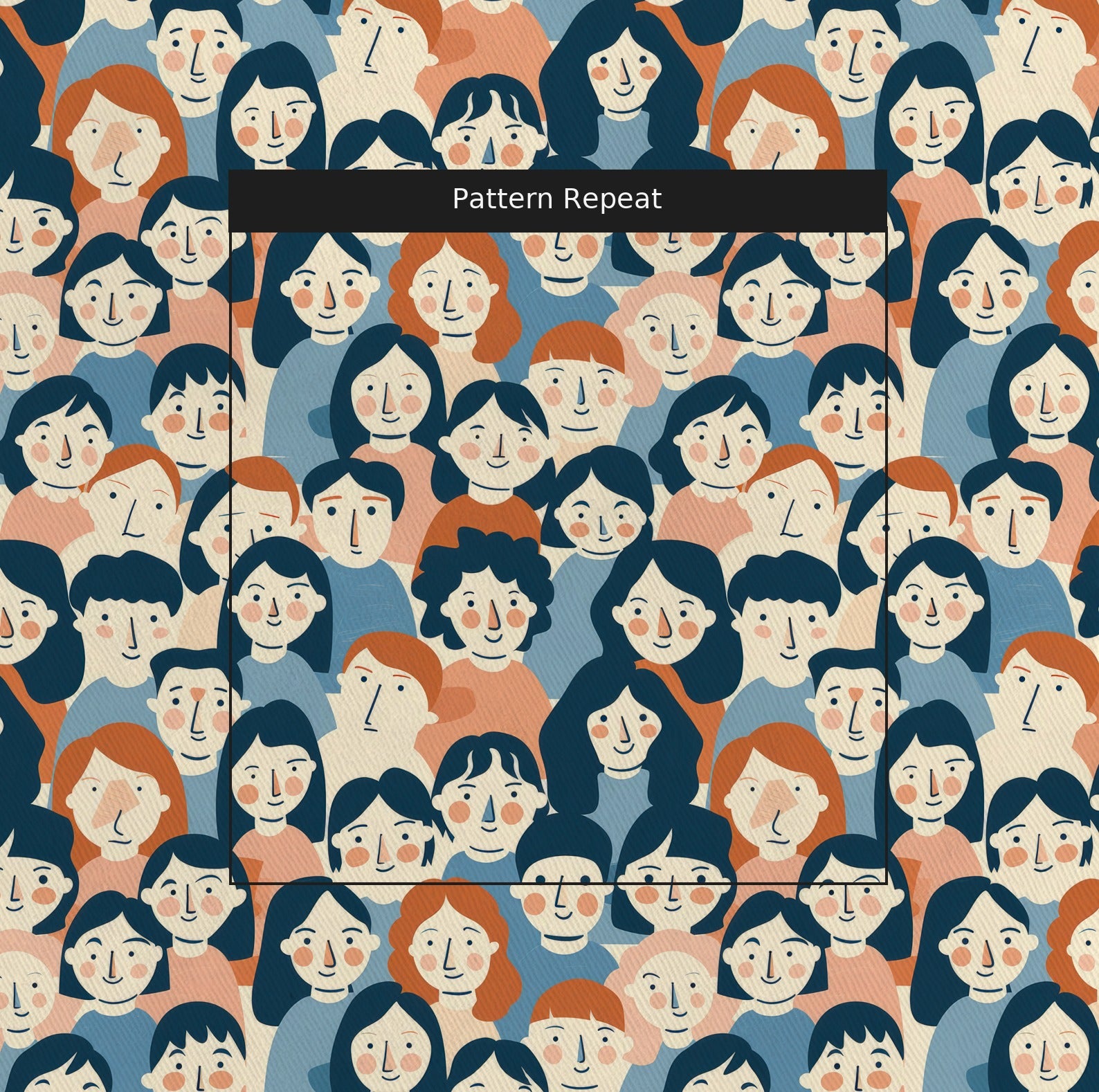 Faces in the Crowd Fabric by the Yard — pattern repeat