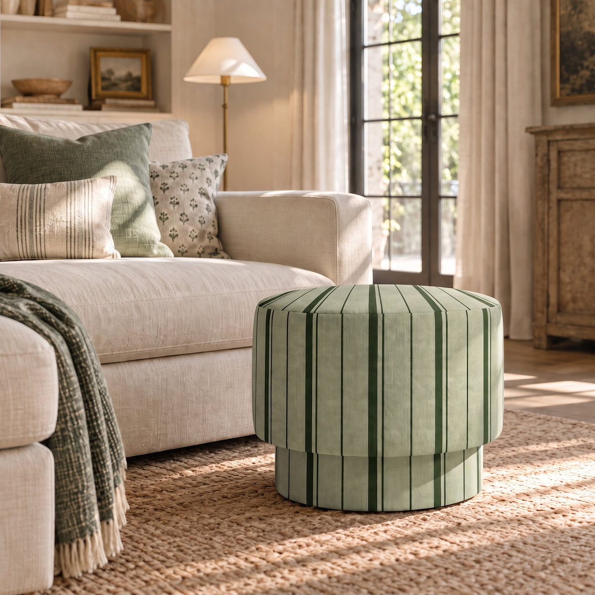The Adelaide Ottoman in The Silk Garden Sage Stripes