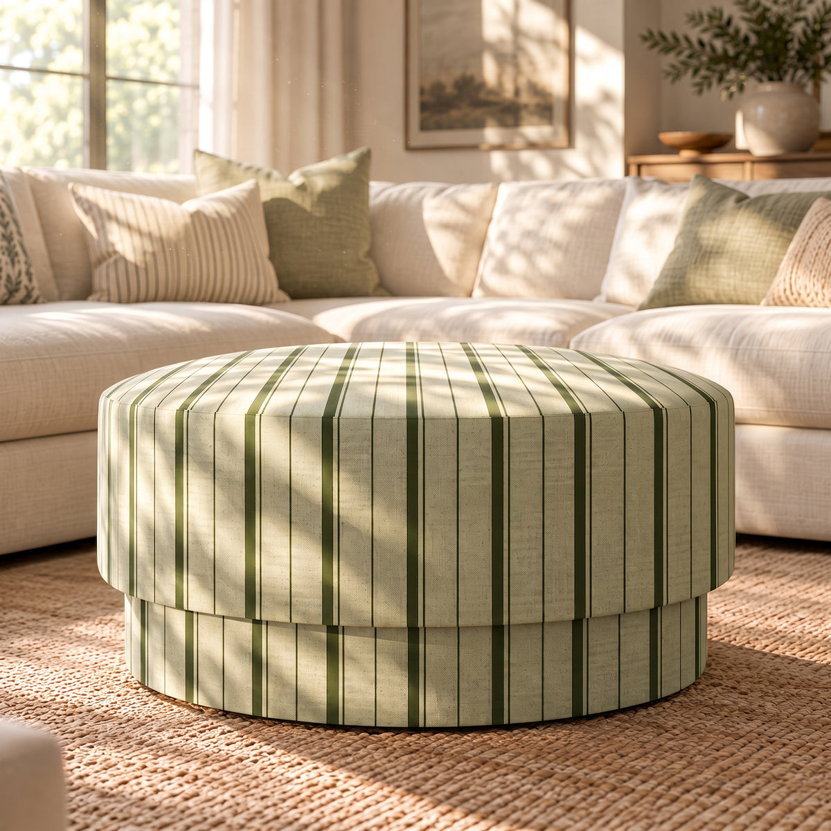 The Adelaide Ottoman in The Silk Garden Sage Stripes