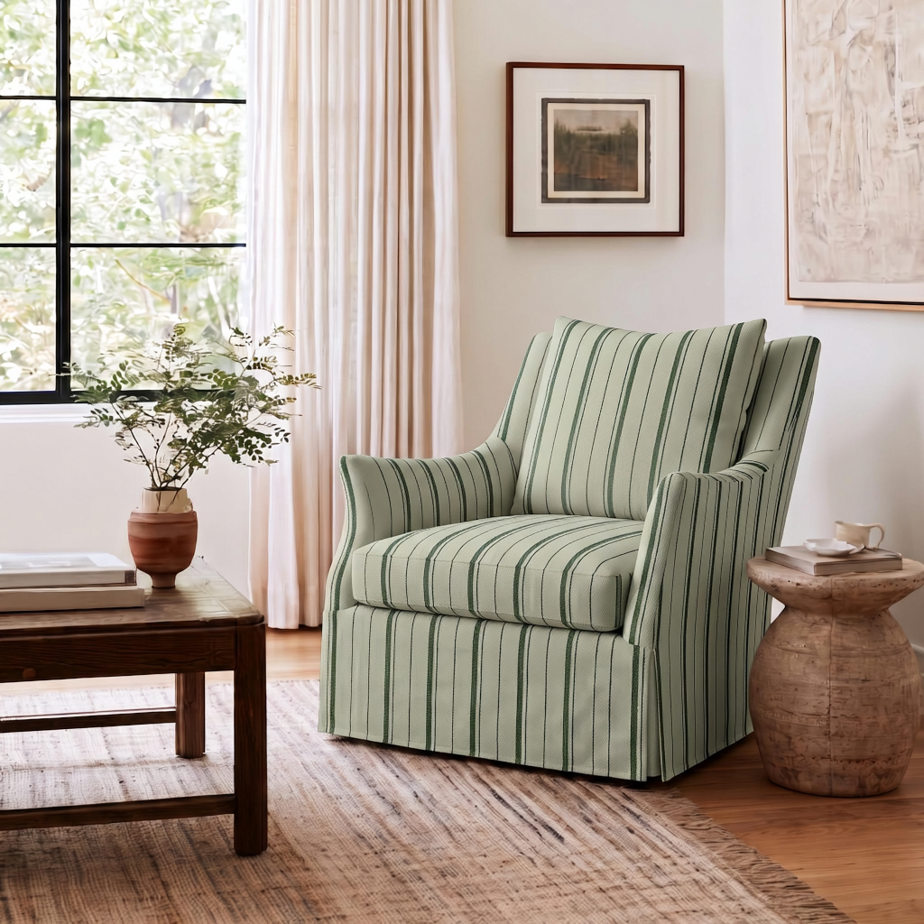 The Eleanor Chair in The Silk Garden Sage Stripes
