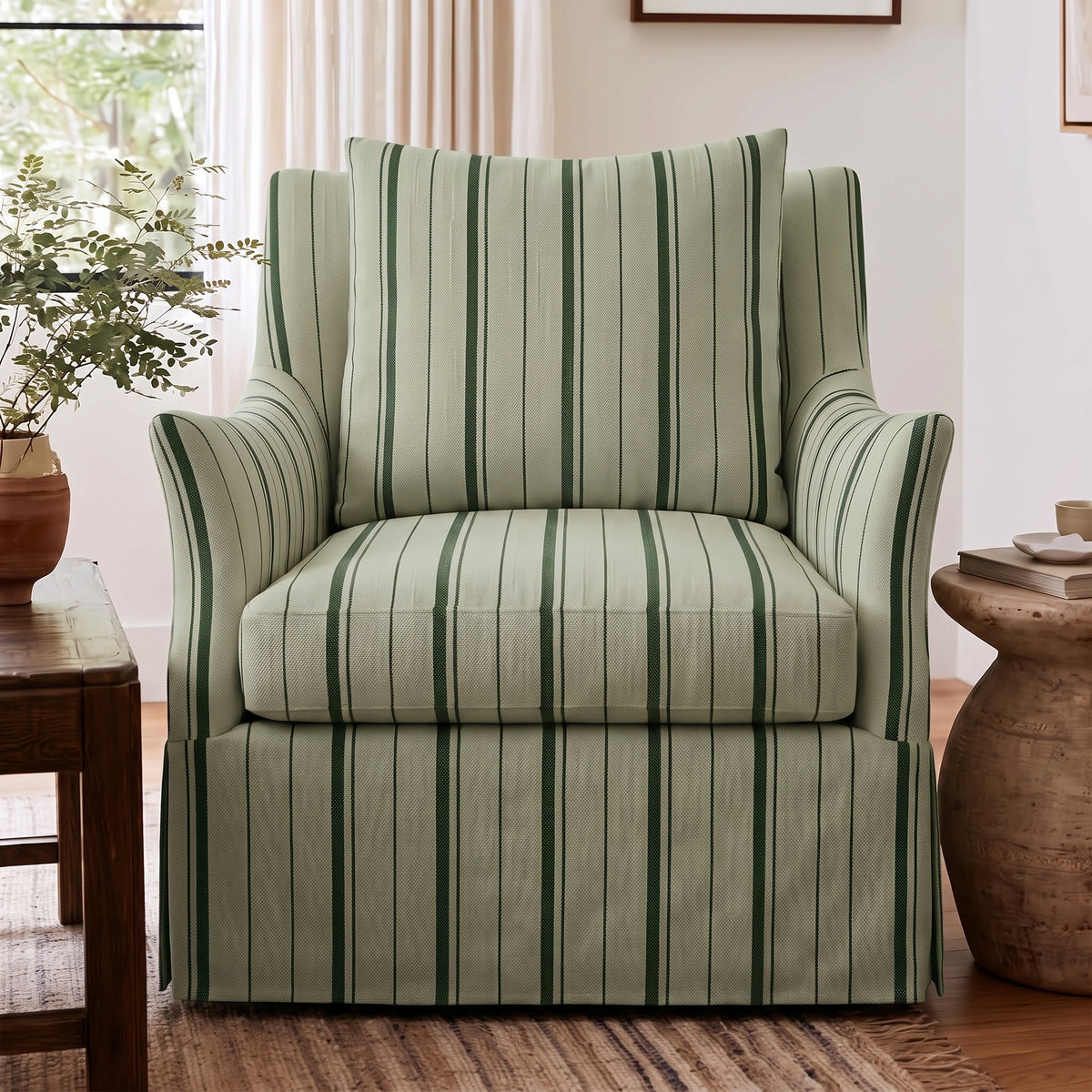The Eleanor Chair in The Silk Garden Sage Stripes
