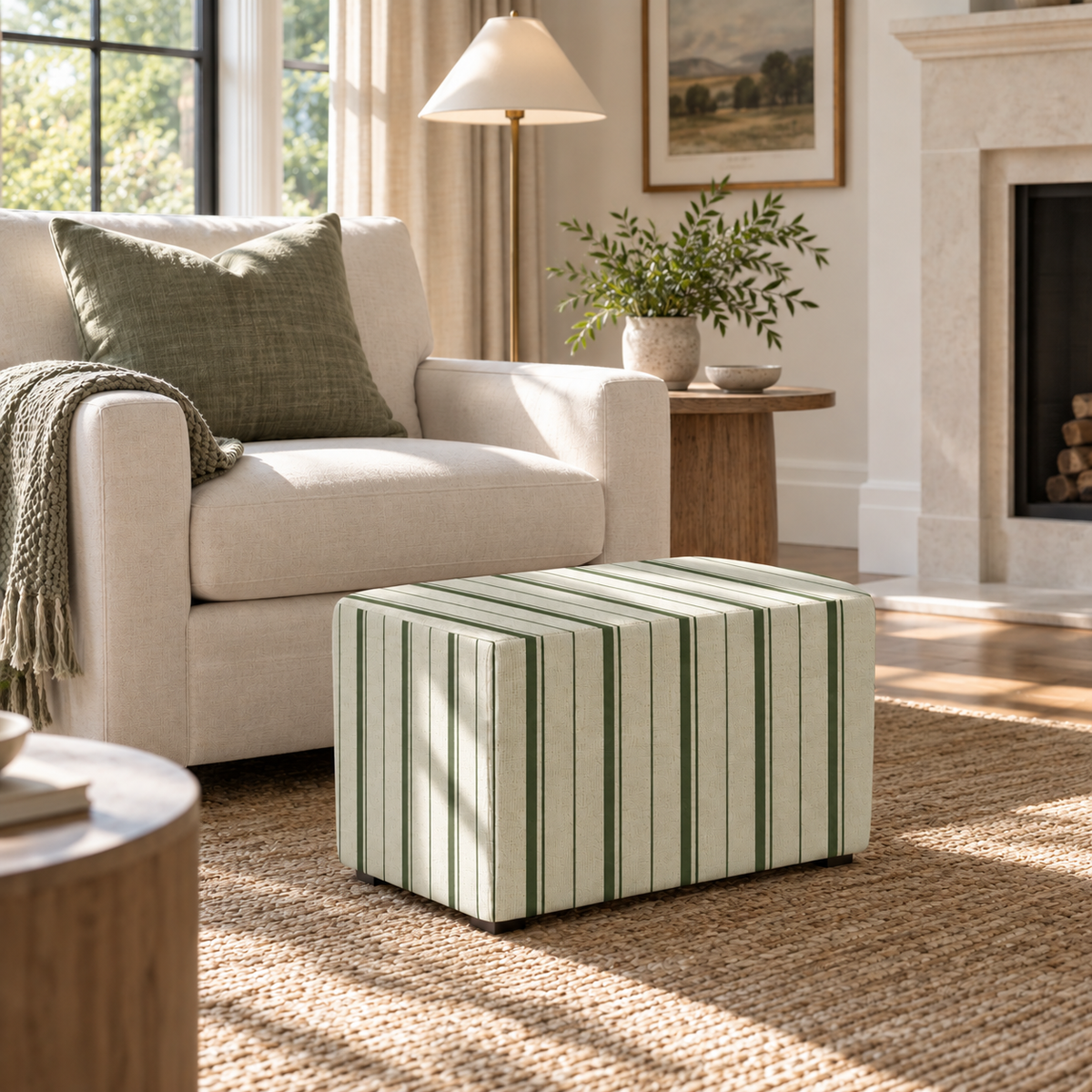 The Josephine Ottoman in The Silk Garden Sage Stripes