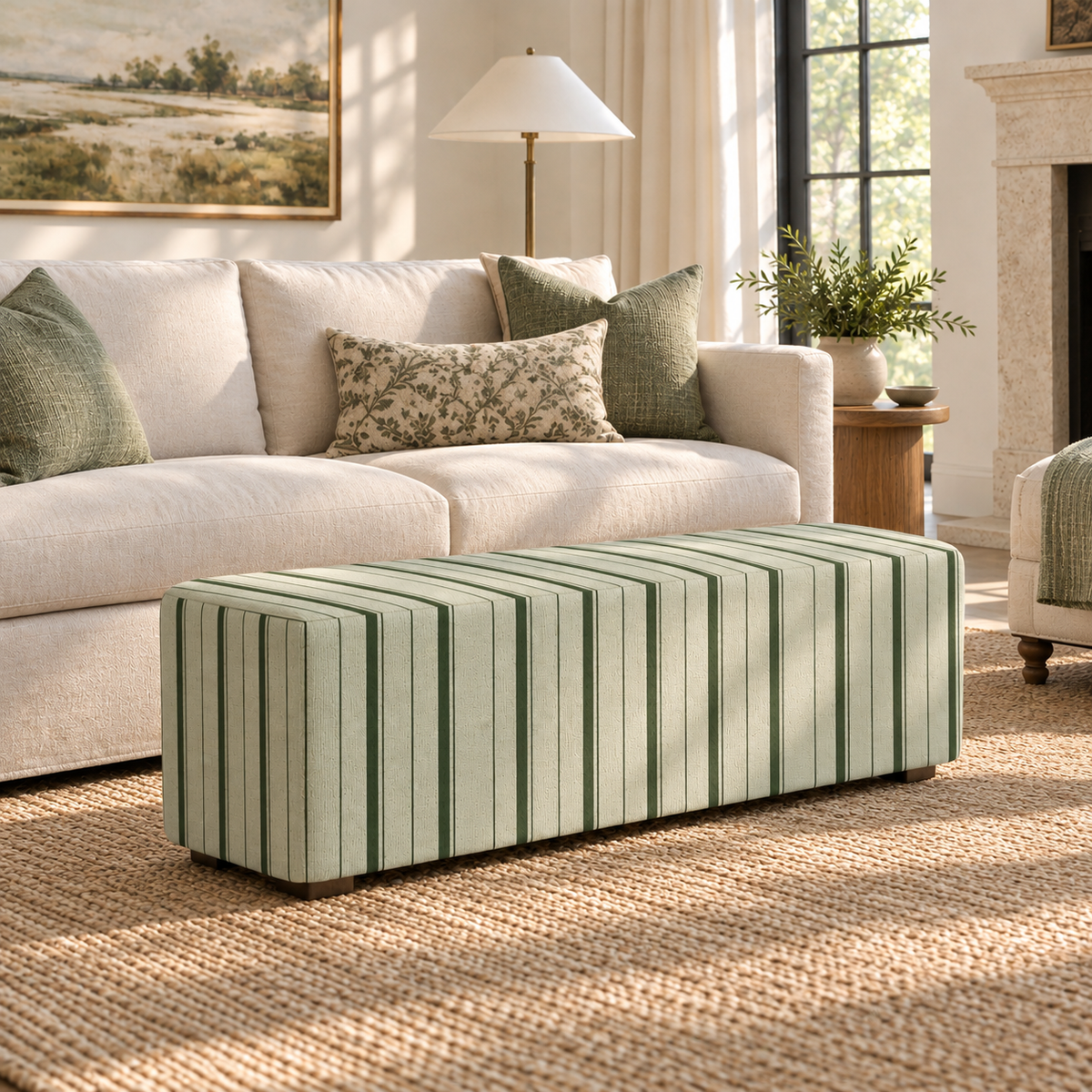 The Josephine Ottoman in The Silk Garden Sage Stripes