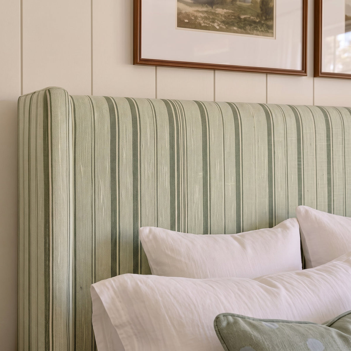 The Selene Bed in The Silk Garden Sage Stripes - Lemon Park