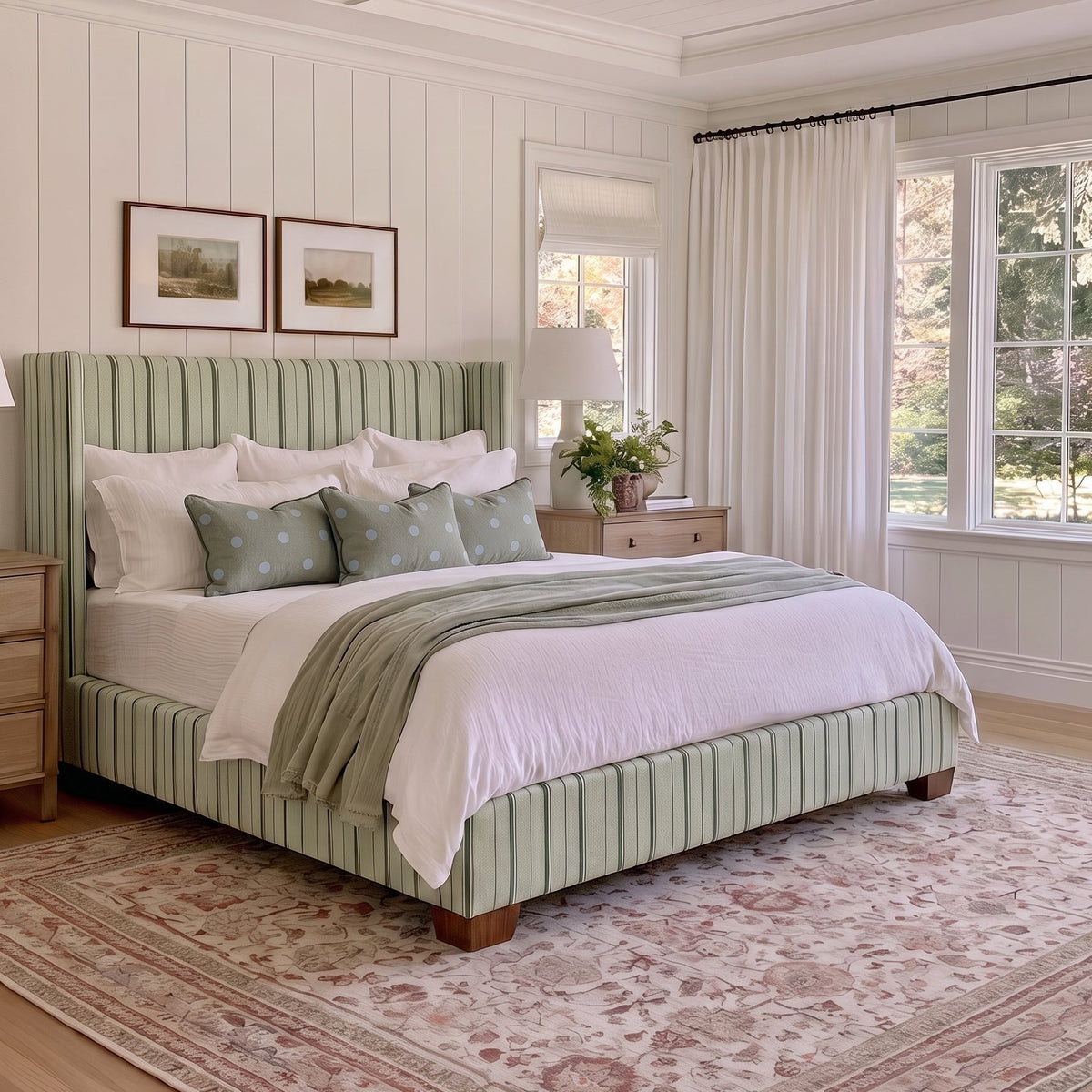 The Selene Bed in The Silk Garden Sage Stripes - Lemon Park