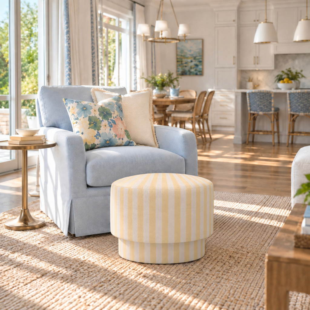 The Adelaide Ottoman in Juliet's Garden Easter Yellow Stripe