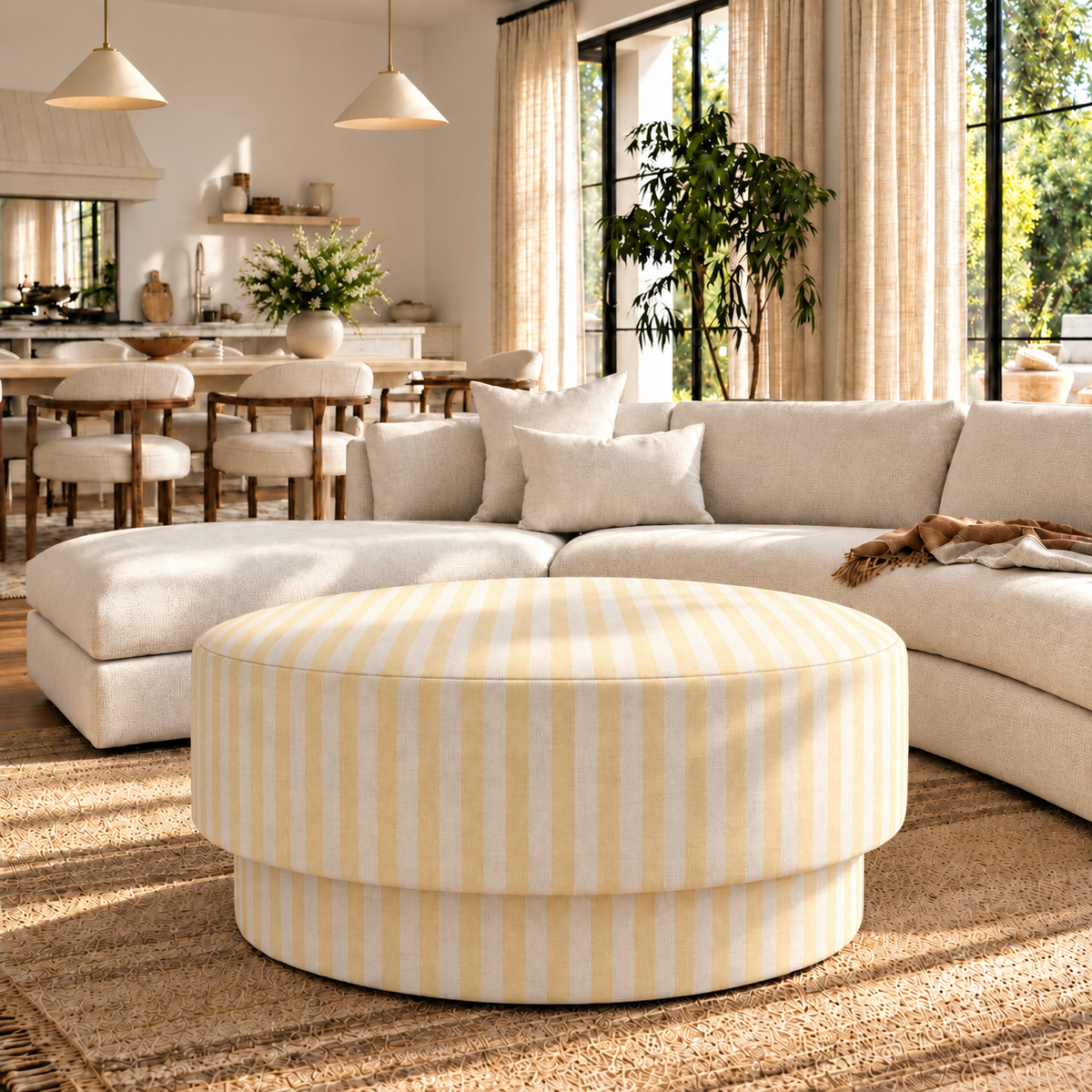 The Adelaide Ottoman in Juliet's Garden Easter Yellow Stripe