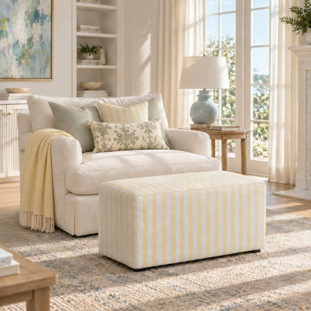 The Josephine Ottoman in Juliet's Garden Easter Yellow Stripe
