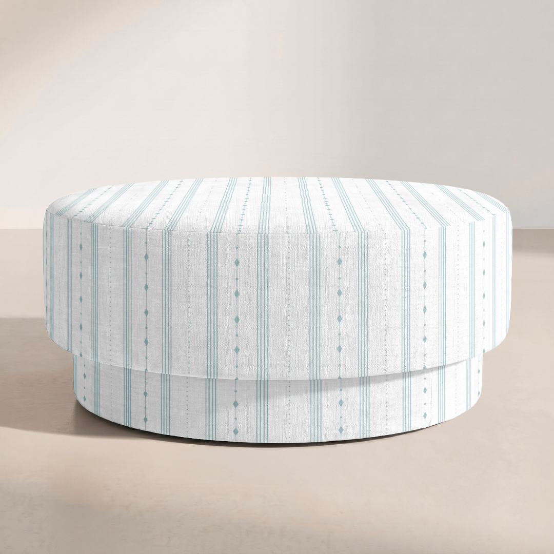 The Adelaide Ottoman in Pearl's Haven Spring Blue Stripes