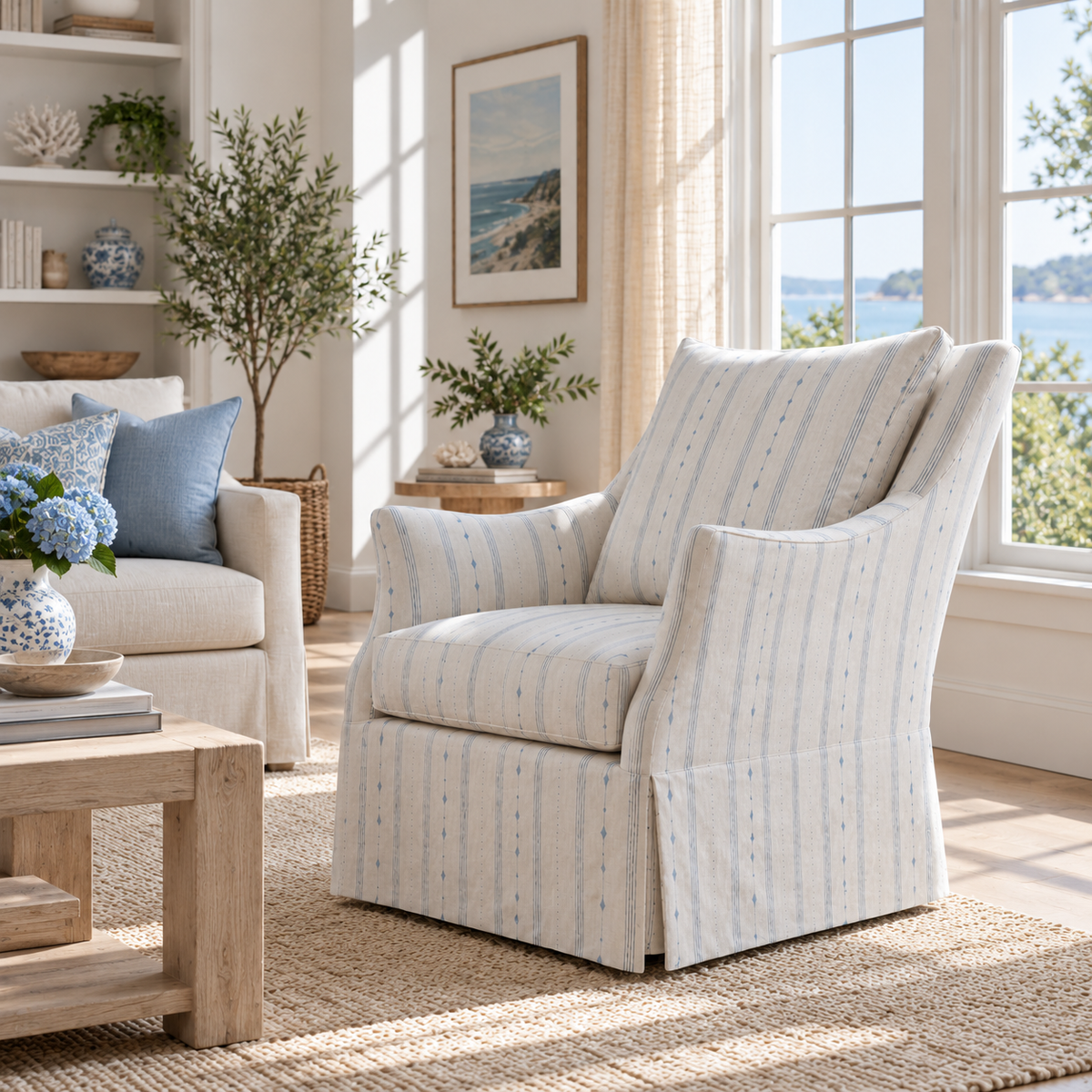 The Eleanor Chair in Pearl's Haven Spring Blue Stripes