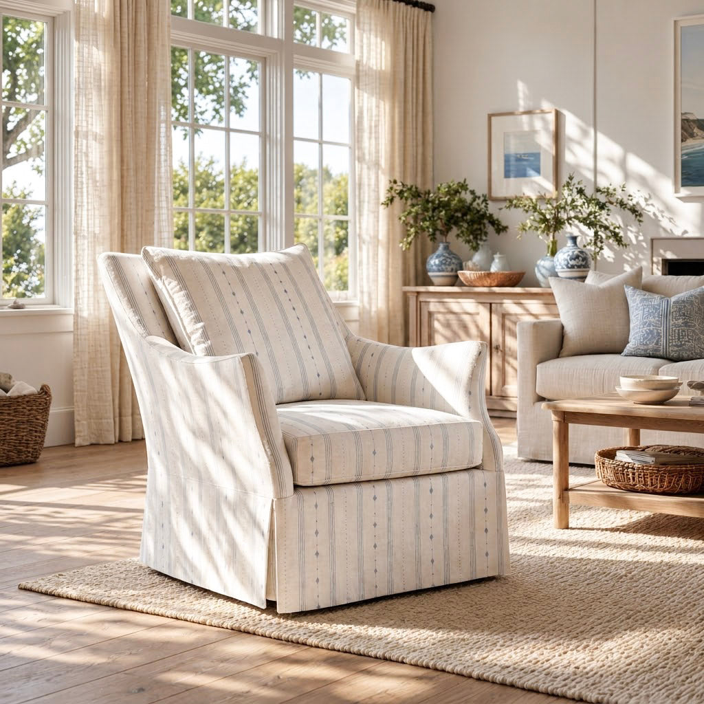The Eleanor Chair in Pearl's Haven Spring Blue Stripes
