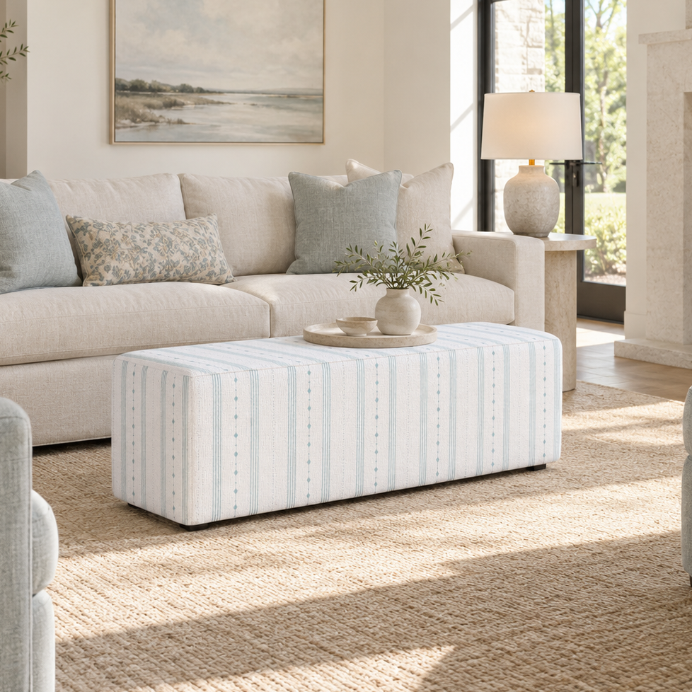 The Josephine Ottoman in Pearl's Haven Spring Blue Stripes
