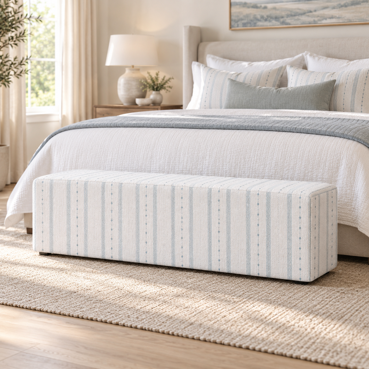 The Josephine Ottoman in Pearl's Haven Spring Blue Stripes
