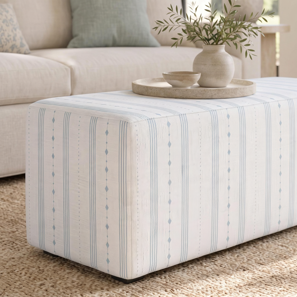 The Josephine Ottoman in Pearl's Haven Spring Blue Stripes