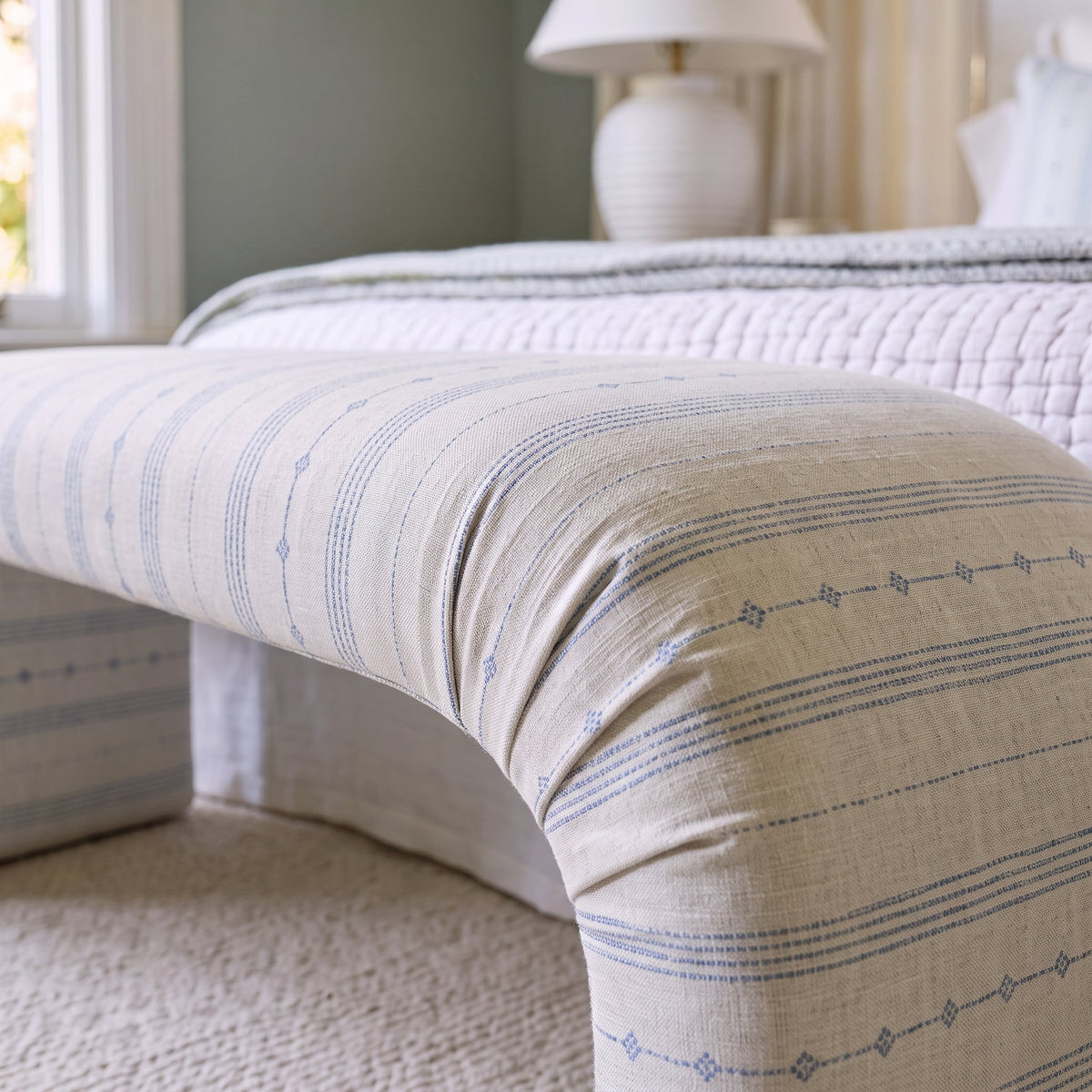 The Lewis Ottoman in Pearl's Haven Spring Blue Stripes