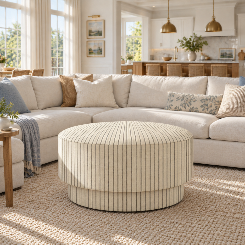 The Adelaide Ottoman in Jude Pinstripe