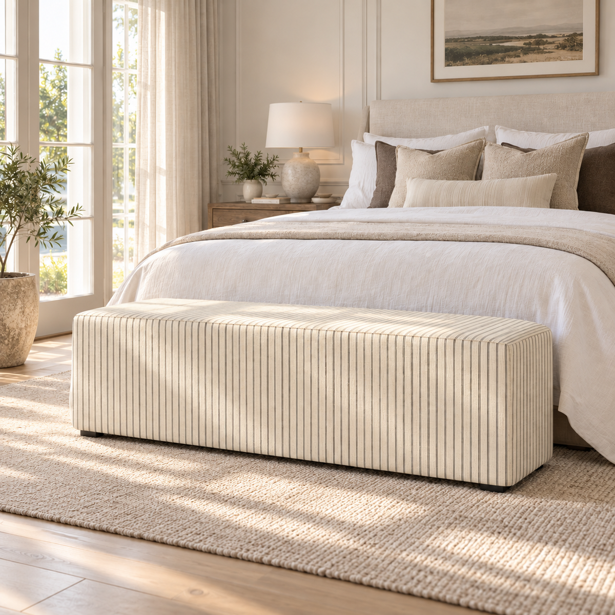 The Josephine Ottoman in Jude Pinstripe