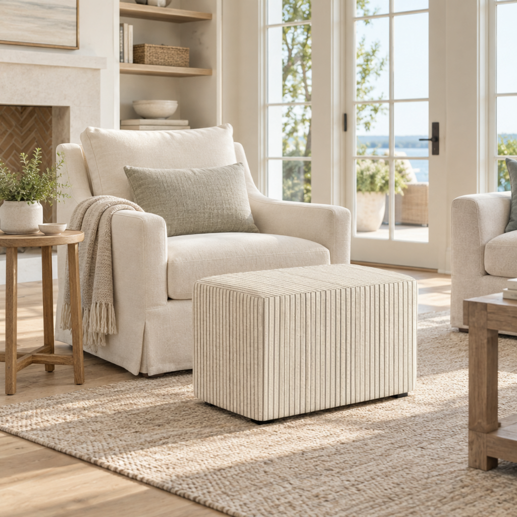 The Josephine Ottoman in Jude Pinstripe
