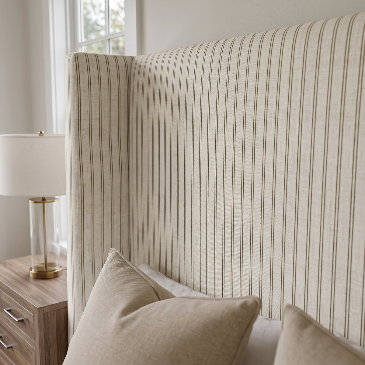 The Selene Bed in Jude Pinstripe
