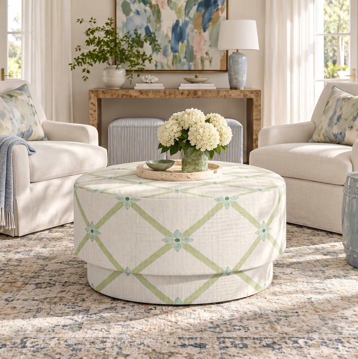 The Adelaide Ottoman in Mint To Be Floral Lattice
