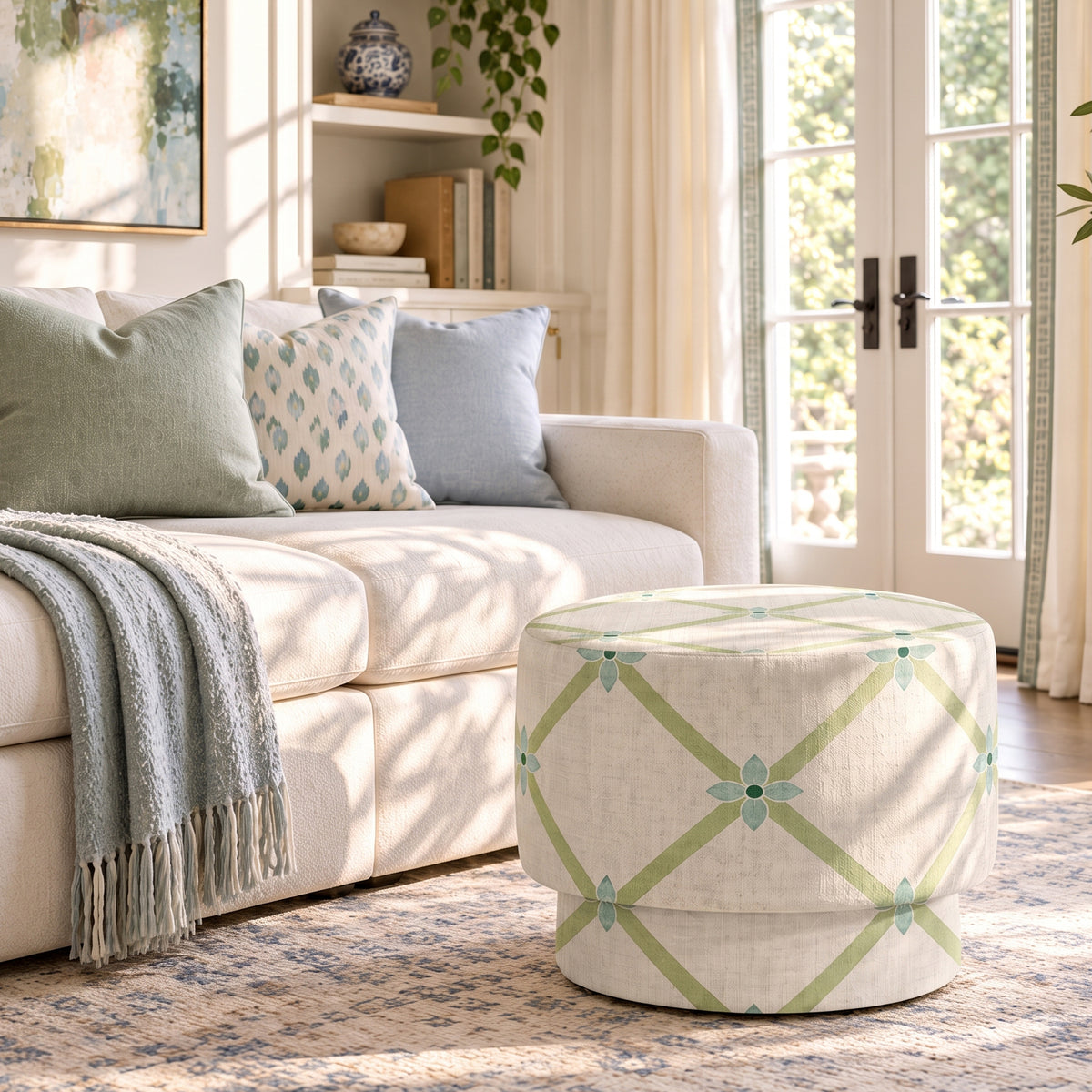 The Adelaide Ottoman in Mint To Be Floral Lattice