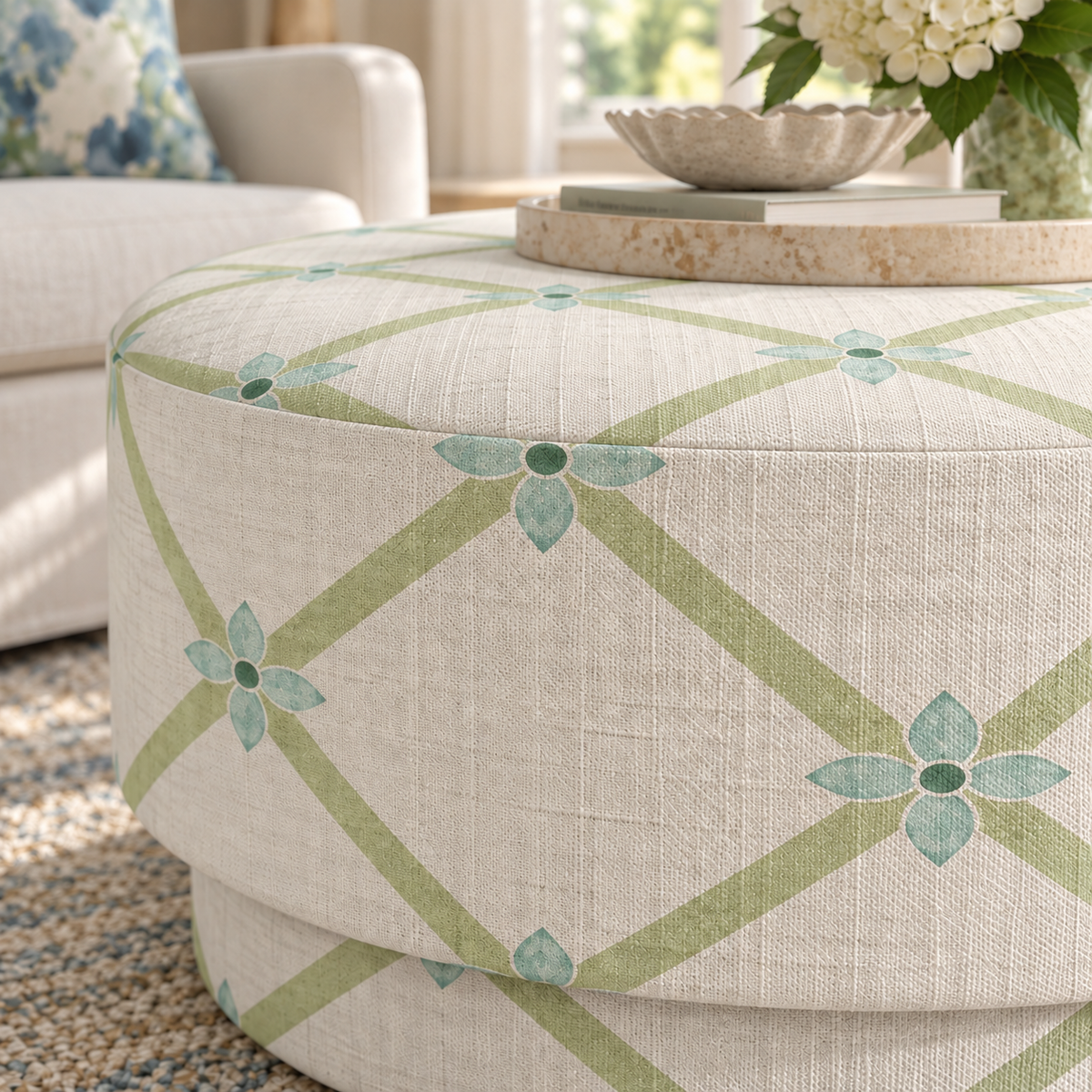 The Adelaide Ottoman in Mint To Be Floral Lattice