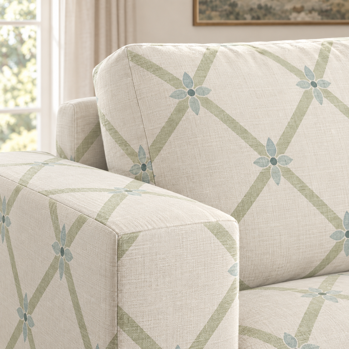 The Christopher Sofa in Mint To Be Floral Lattice