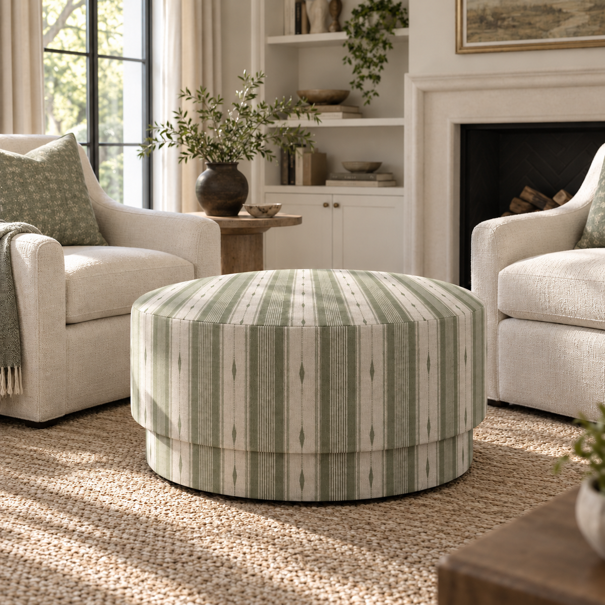 The Adelaide Ottoman in Blue Dresses Lemongrass Stripes