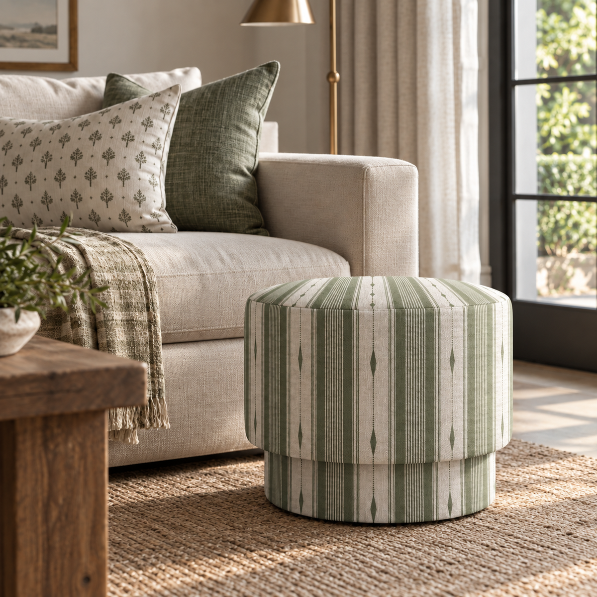 The Adelaide Ottoman in Blue Dresses Lemongrass Stripes