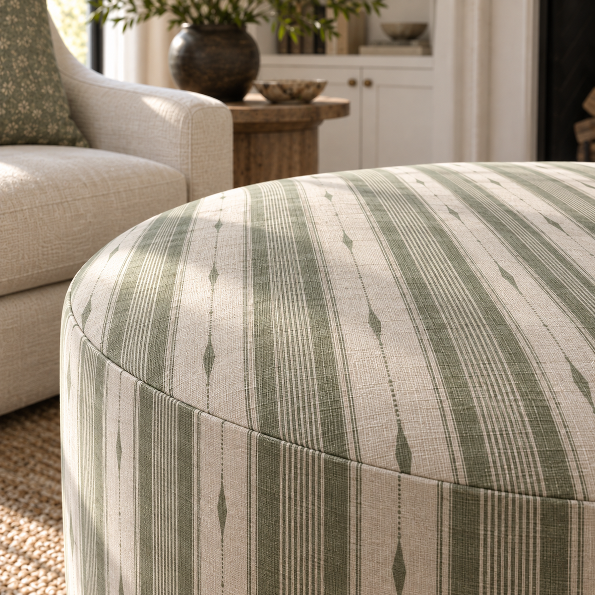 The Adelaide Ottoman in Blue Dresses Lemongrass Stripes