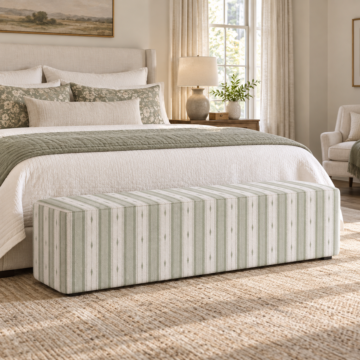 The Josephine Ottoman in Blue Dresses Lemongrass Stripes